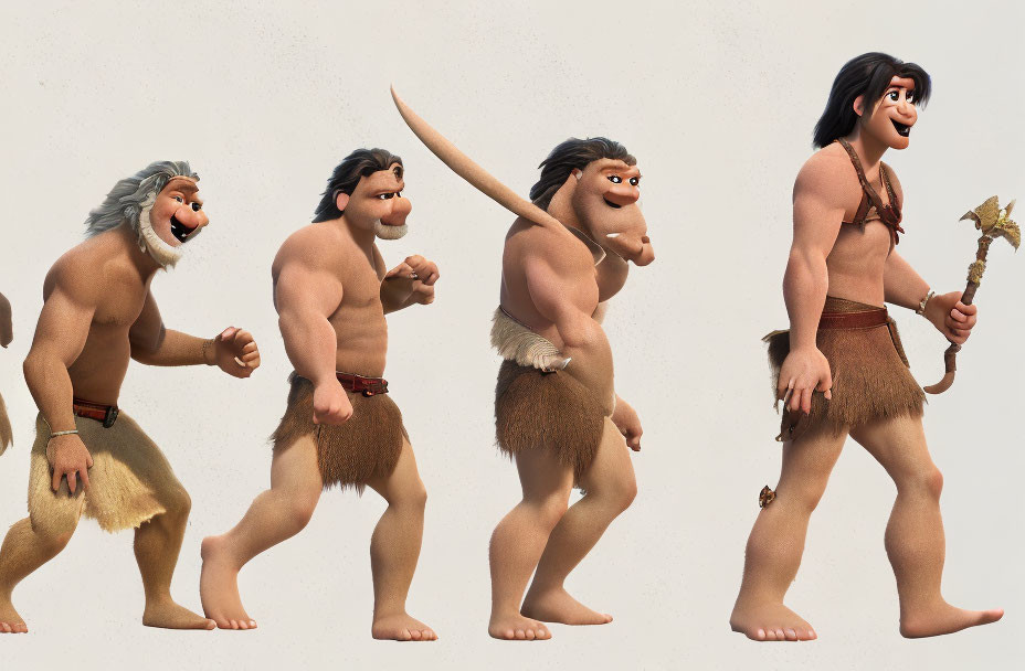 Four caveman characters in various ages and poses on light background