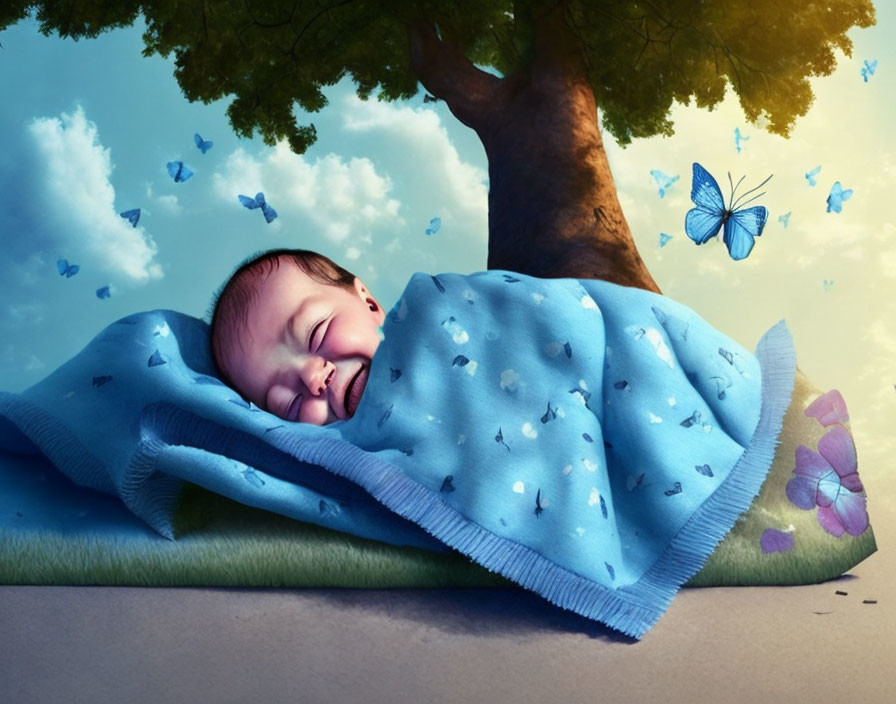 The baby was lying on a blanket under a tree. The 