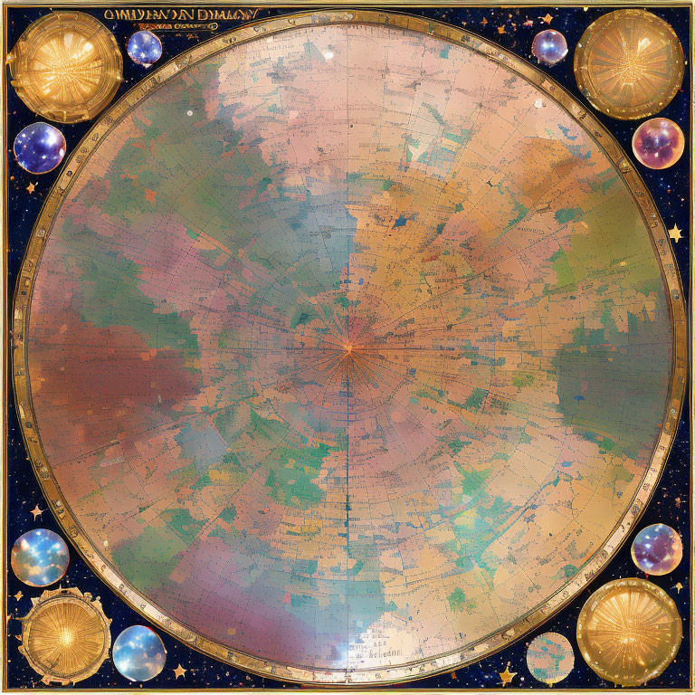 Circular Vintage Star Map with Constellations and Astronomical Diagrams