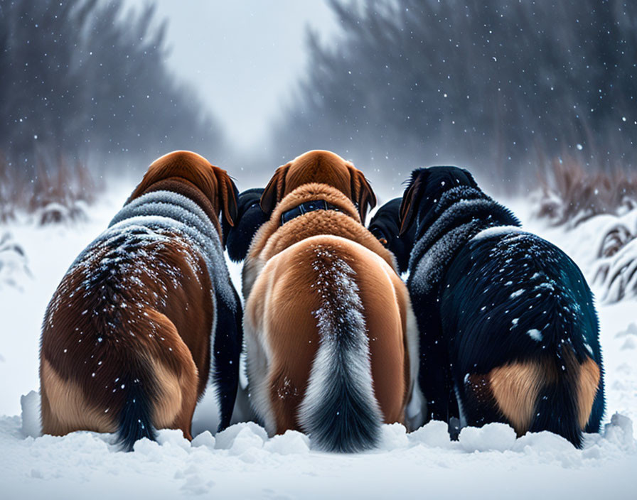 Three dogs sitting in snowfall with blurred trees.