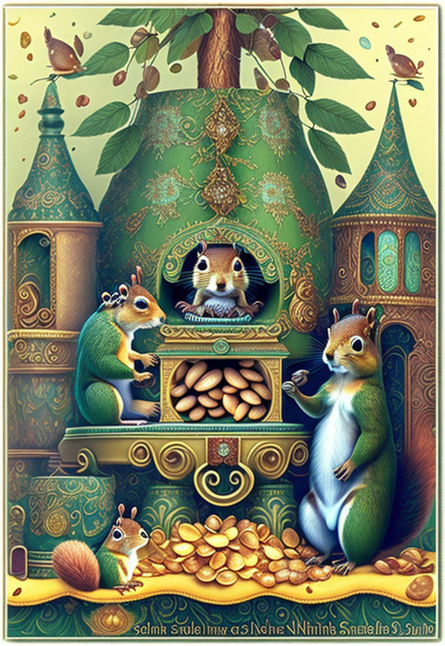 Whimsical squirrels around golden tree in folklore-inspired scene