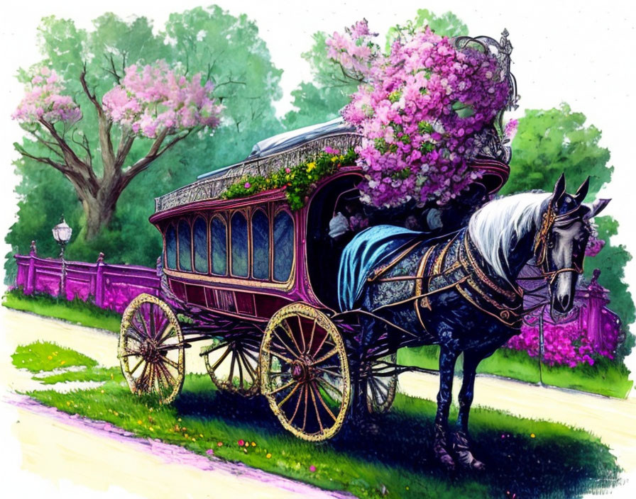 Vibrant traditional horse-drawn carriage with flowers, blooming trees, and purple fence