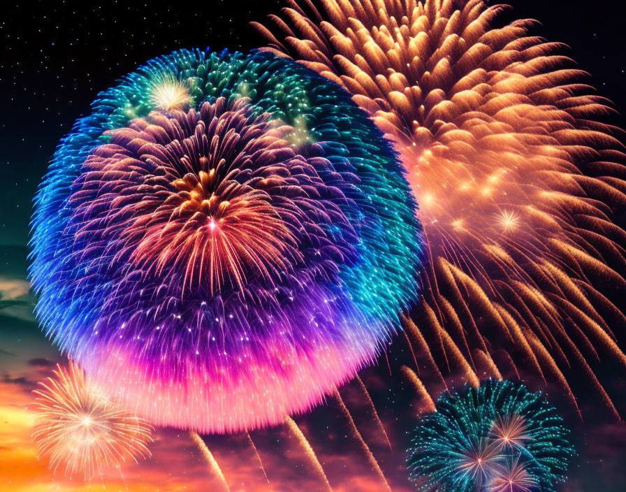 Colorful fireworks illuminate night sky with stars.