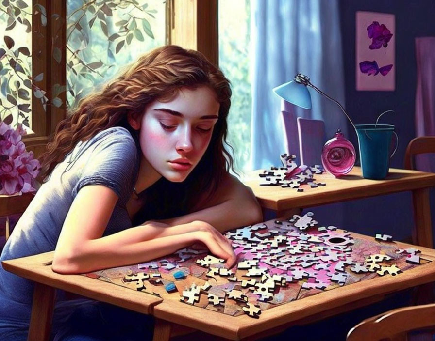 Wavy-haired woman solving jigsaw puzzle on wooden table