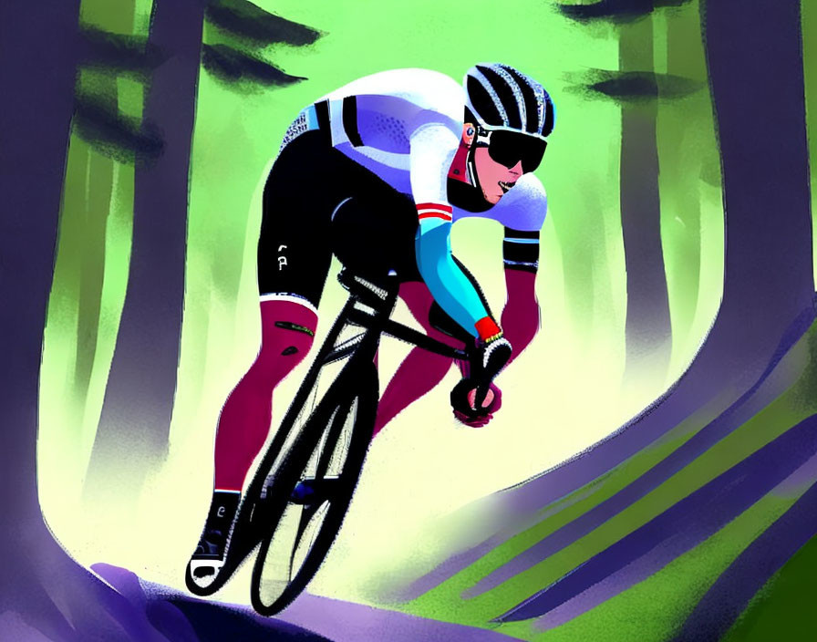 Cyclist in racing posture pedals through green forest scene