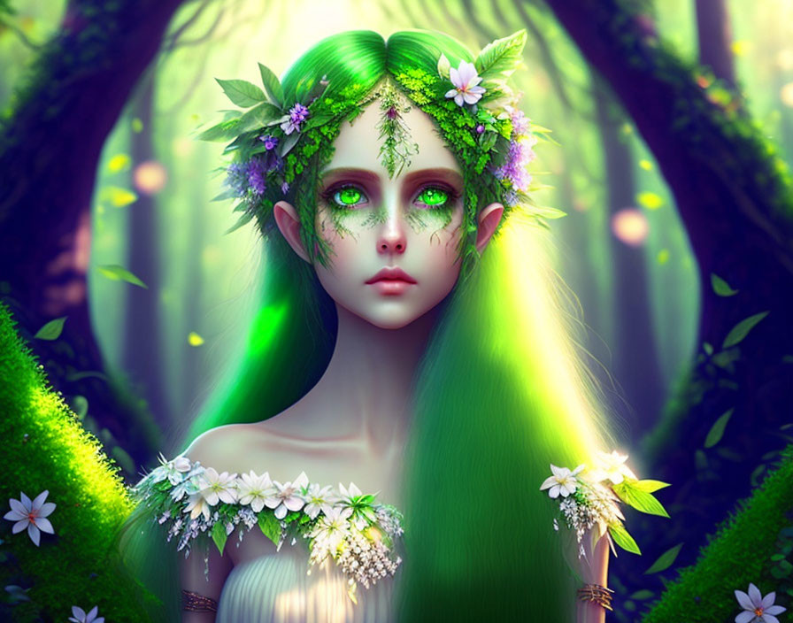 Mystical forest being with green hair and eyes in enchanted woodland scene