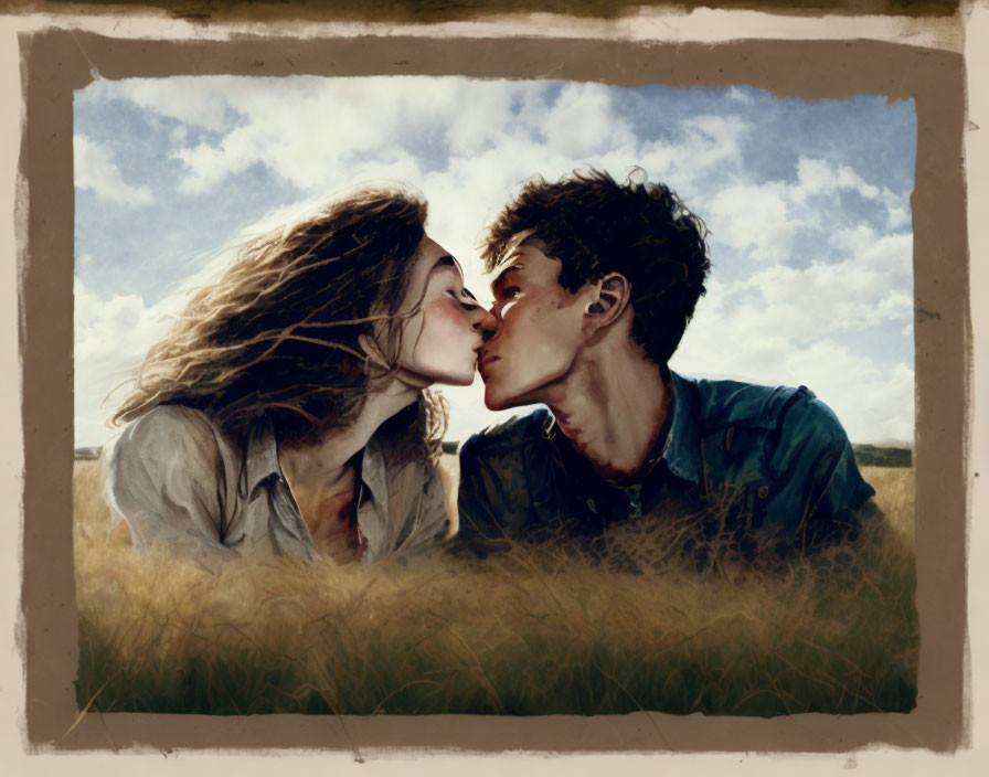 Digital painting of young couple kissing in windswept field