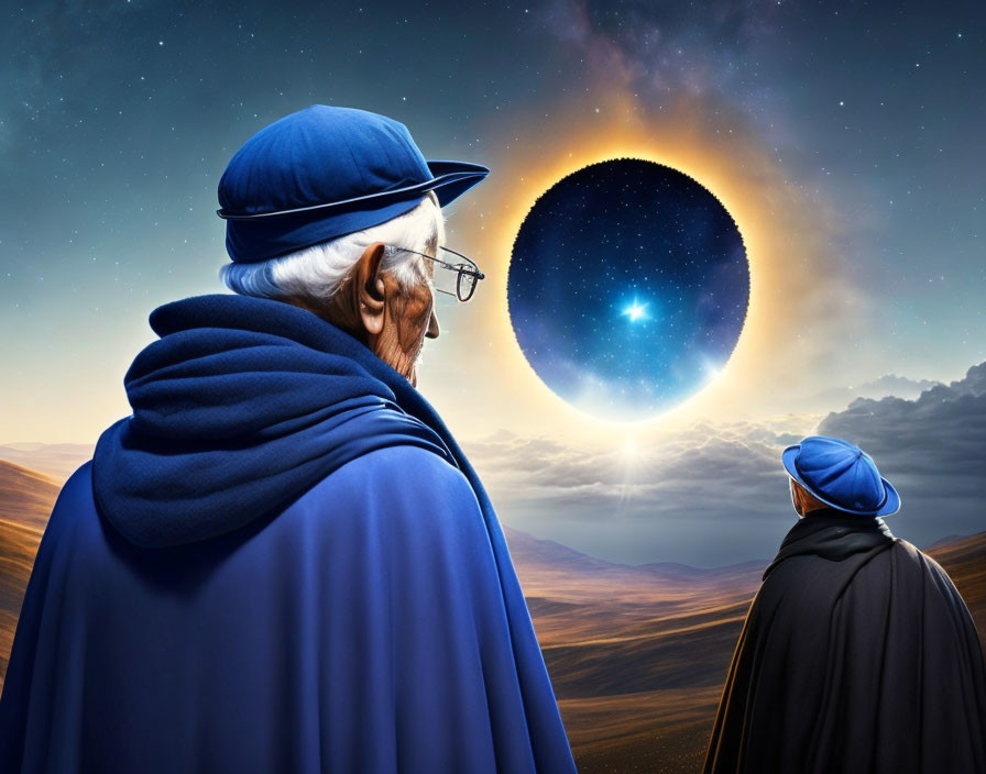 Celestial eclipse observed by figures in blue cloaks