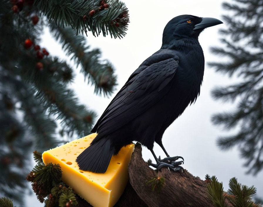 Black crow on tree branch with Swiss cheese and pine needles