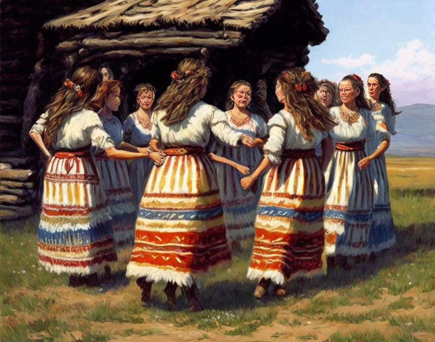 Traditional folk dance of women in grassy field with wooden hut