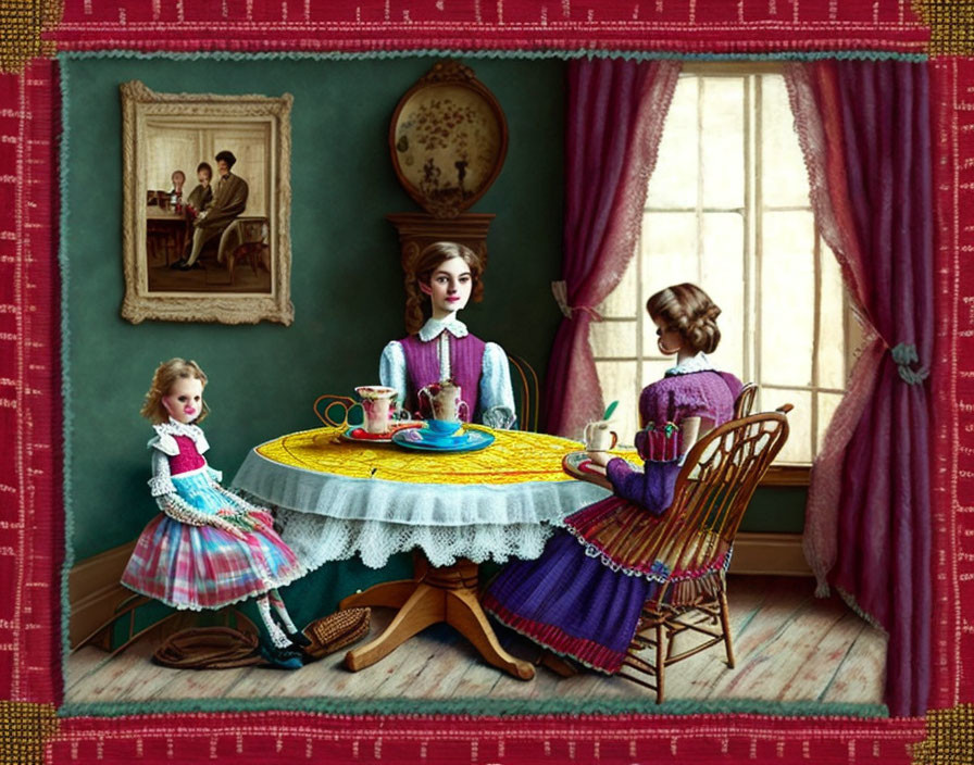 Victorian-style room with dolls, tea set, portrait, red curtains, and patterned wallpaper