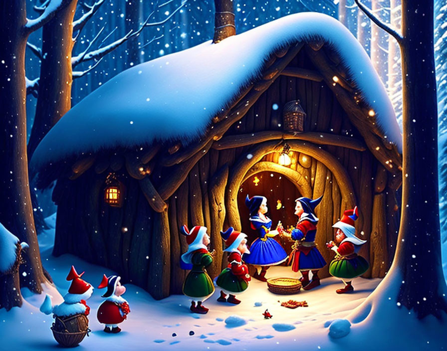 Snow-covered cottage with seven dwarfs in a winter forest