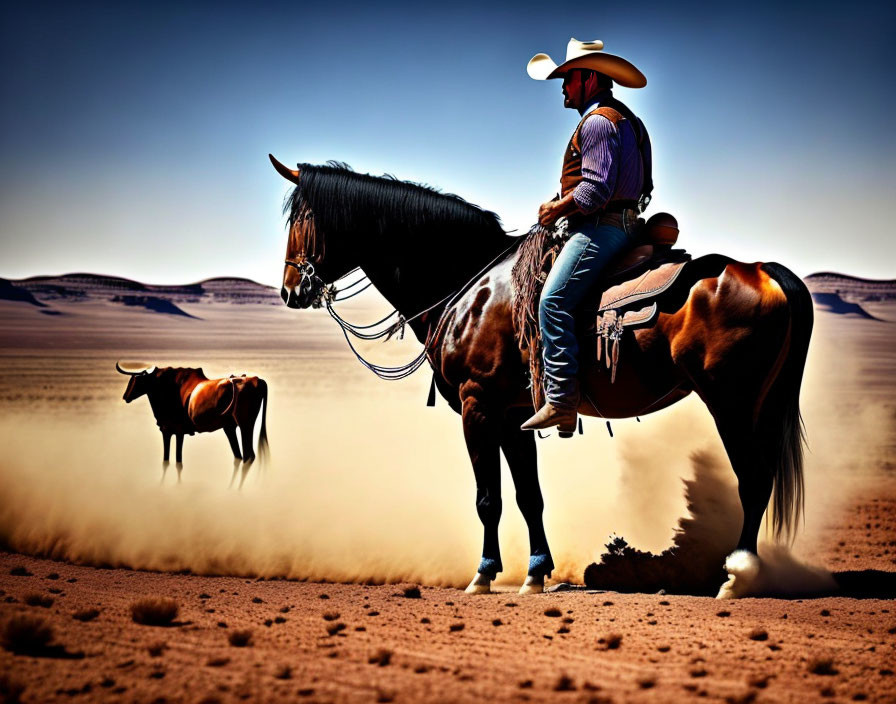 Cowboy on horseback observing second horse in dusty desert landscape