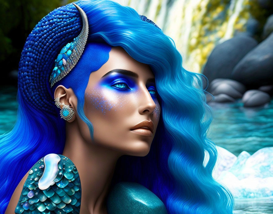 Vibrant blue-haired woman with blue skin and scales in water and rocks
