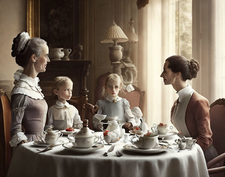 Classic Family Tea Time Scene with Elegant Vintage Decor