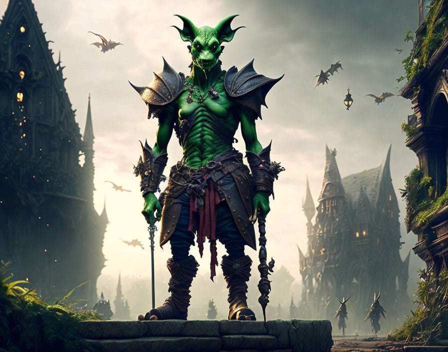 Green-skinned dragon-like humanoid with wings in gothic fantasy setting