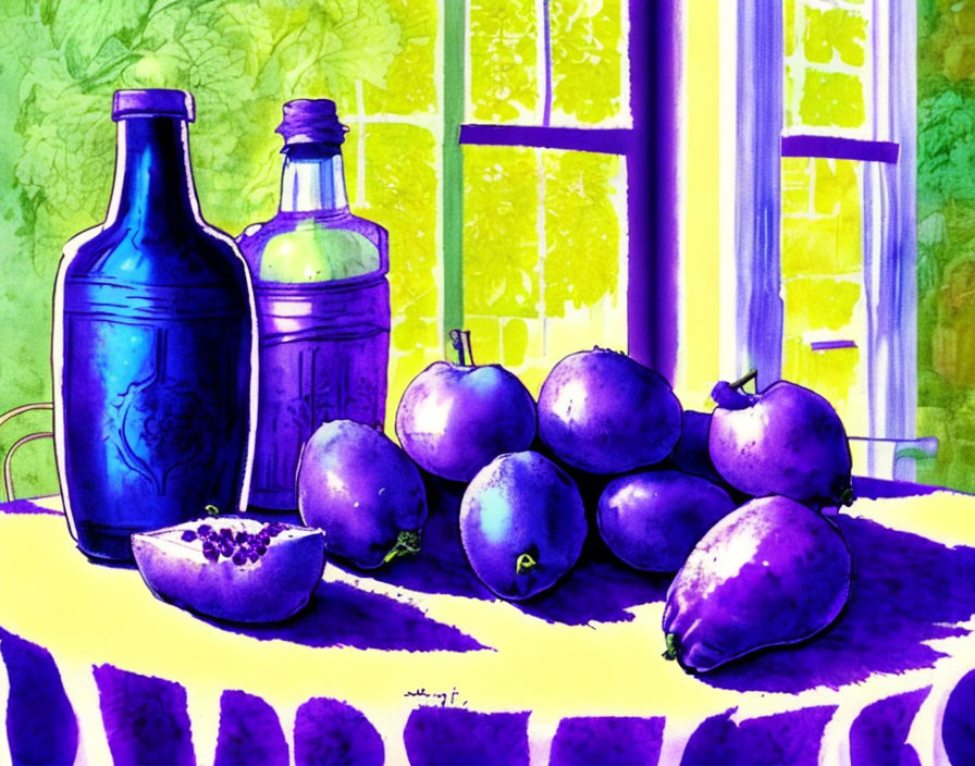 Colorful still life painting: purple fruits, blue and clear bottles, bowl by window with yellow pan