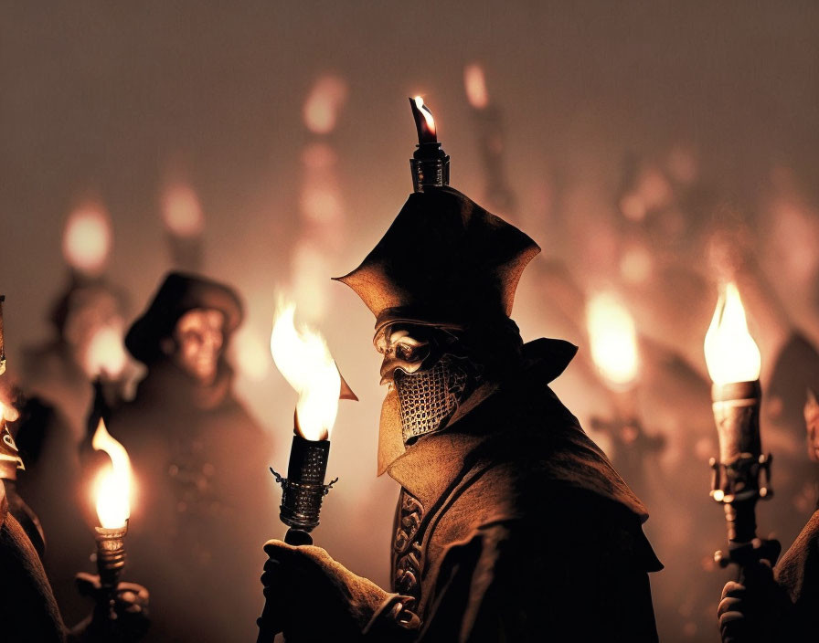 Mysterious figures in dark cloaks and plague doctor masks at night