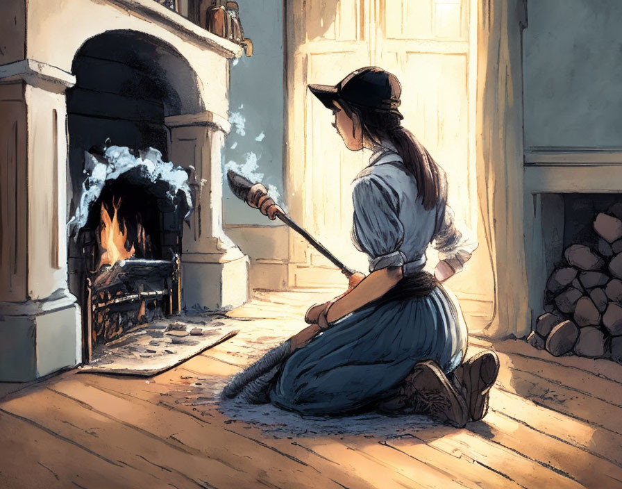 Vintage-dressed woman by fireplace with metal tool in cozy room