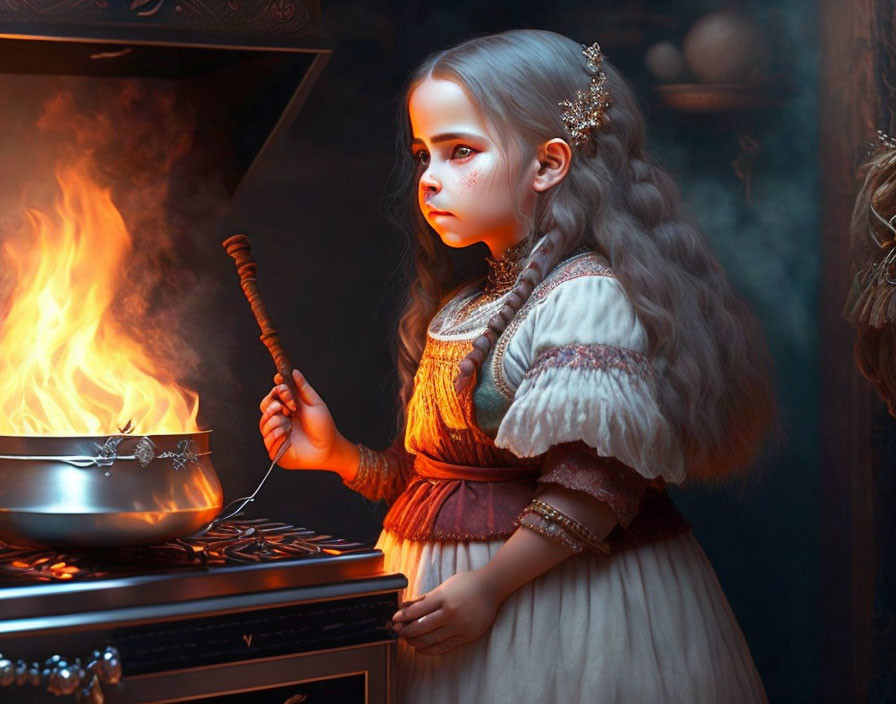 Blonde girl in vintage attire with wand by a flame