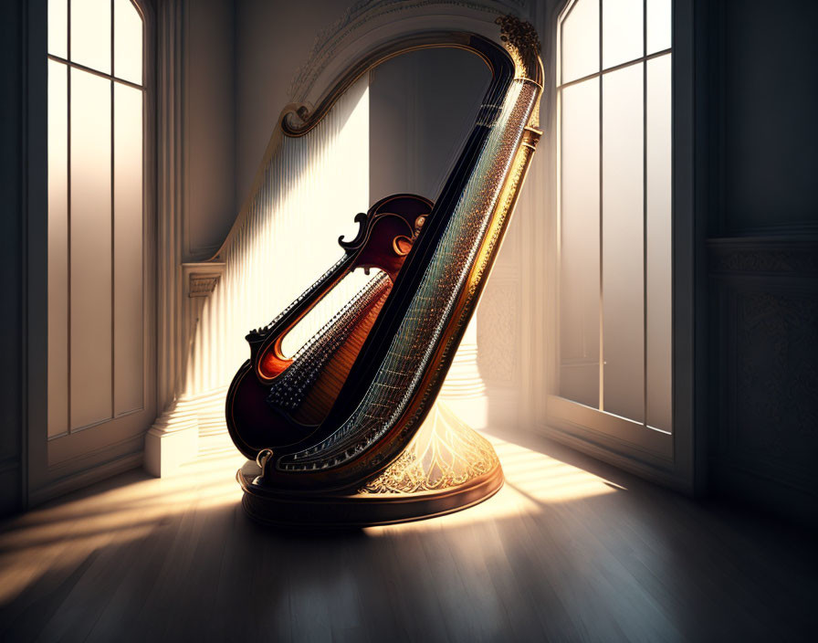 Elegant harp with intricate designs in golden light