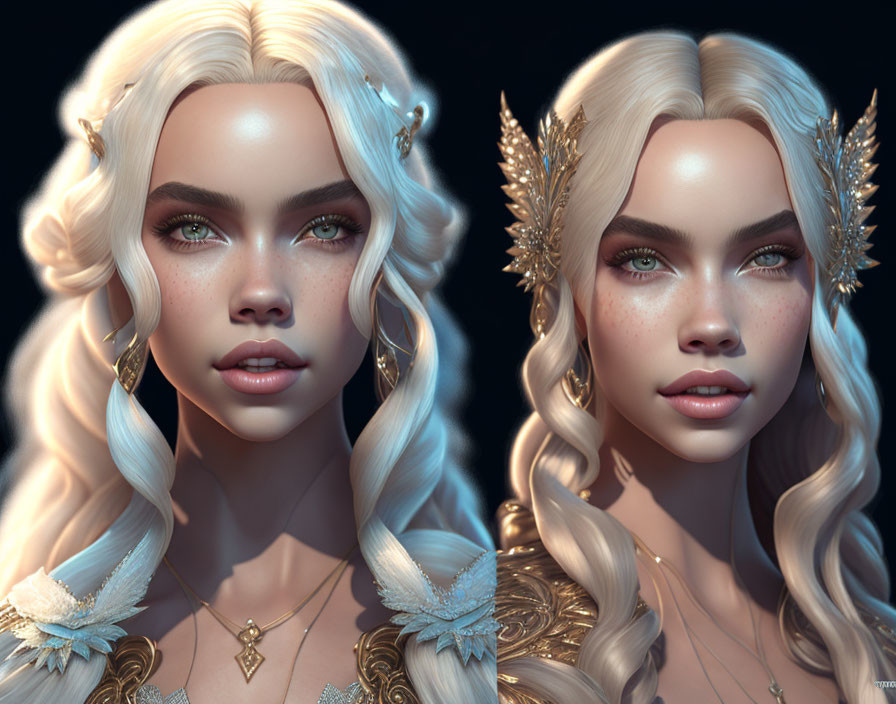 Female character portraits with striking green eyes and platinum blonde hair.