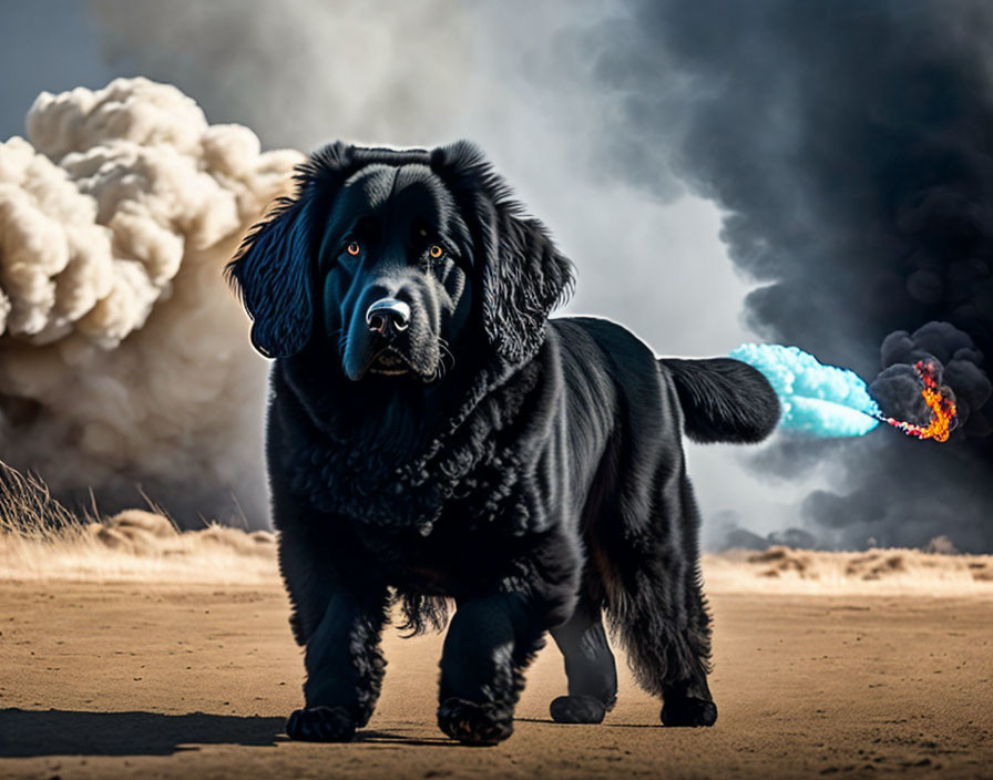 Black dog with lit rocket-like object in front of dramatic smoke plume