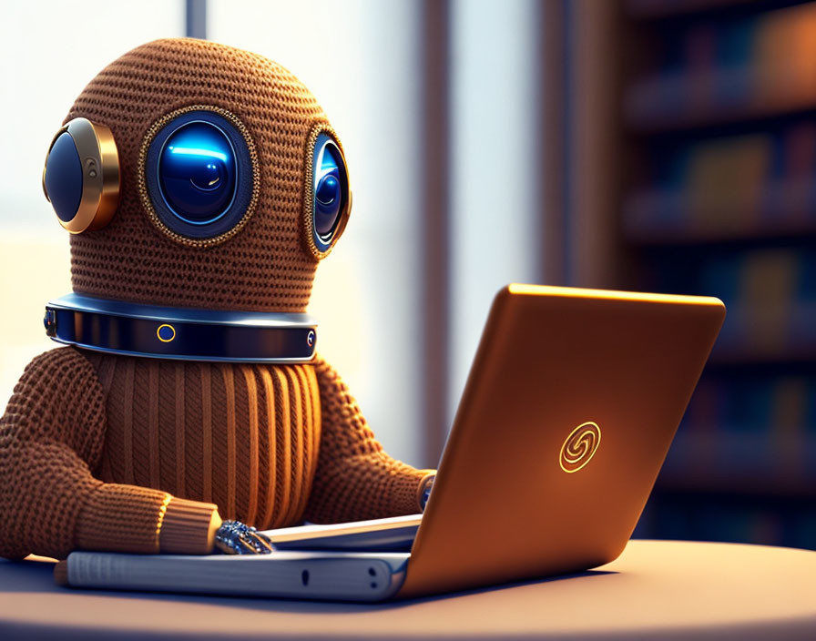 Brown knitted robot with blue eyes using laptop at desk.