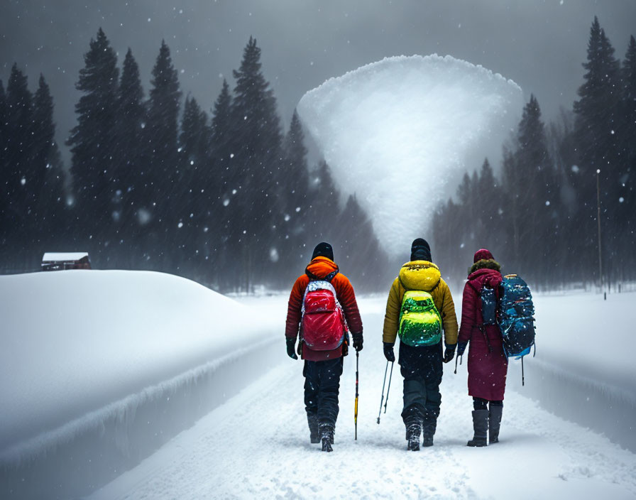 Three hikers with colorful backpacks walking in snow-covered pine forest