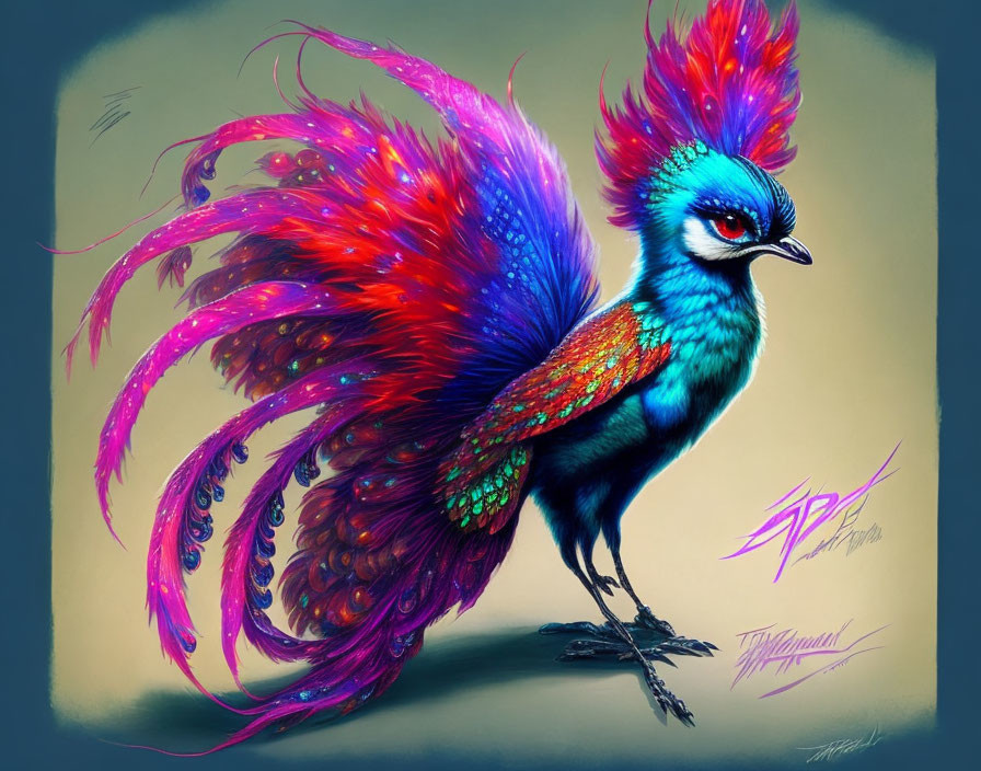 Colorful Fantastical Bird with Ornate Tail and Turquoise Feathers