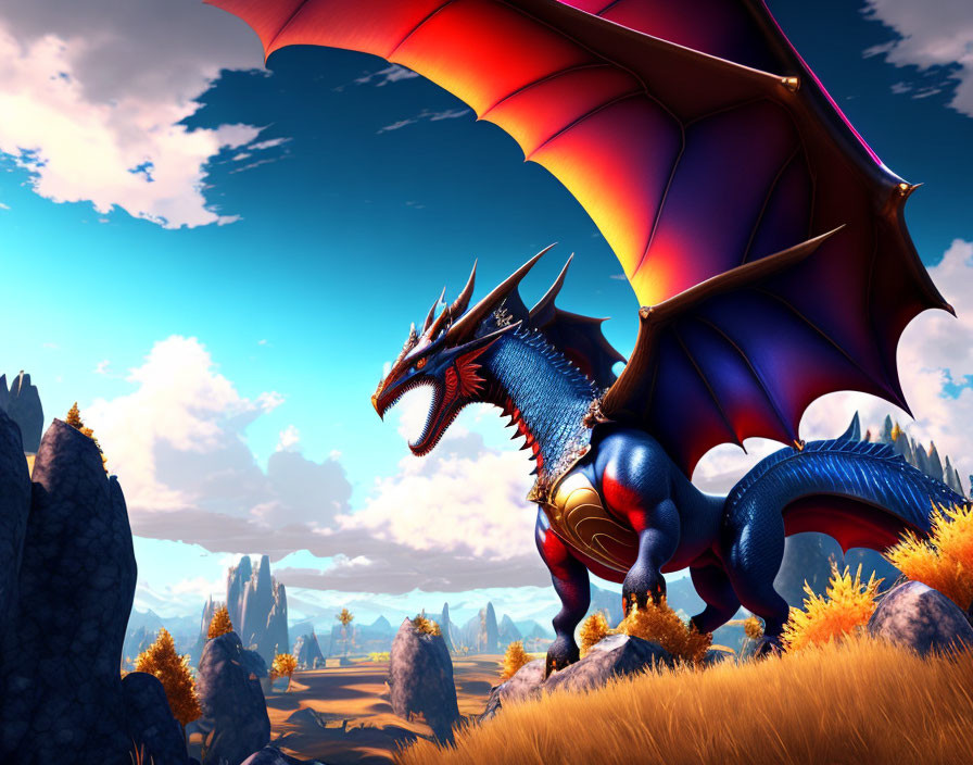 Blue dragon with red wings in fantasy landscape.