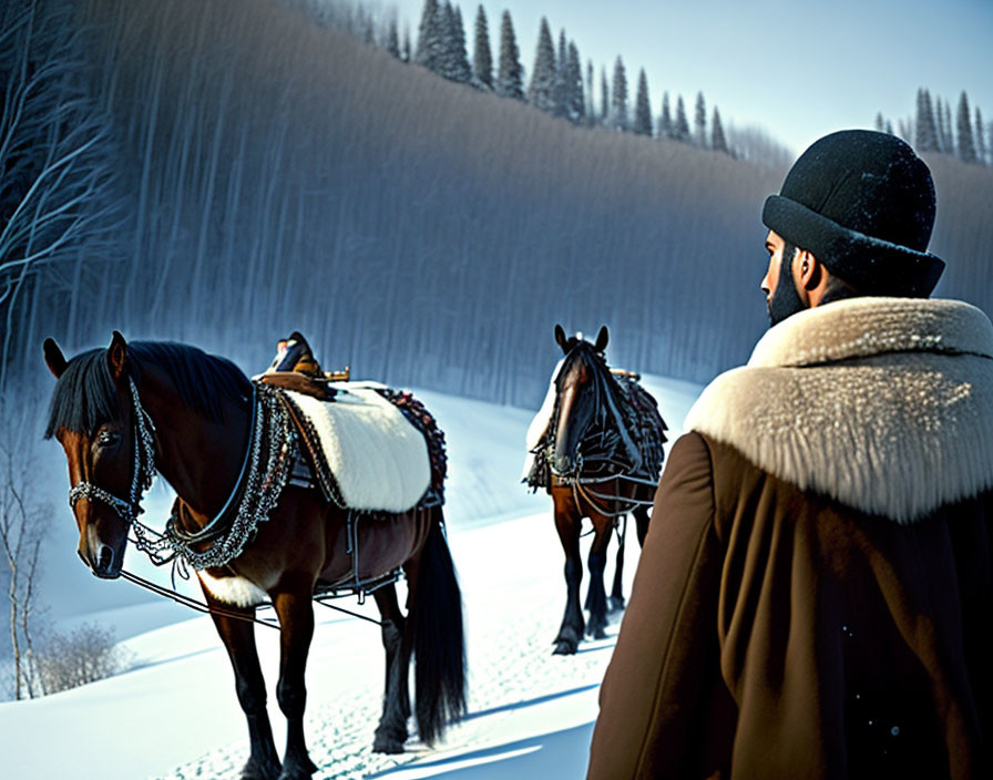 Man in winter clothing with two horses in snowy forest