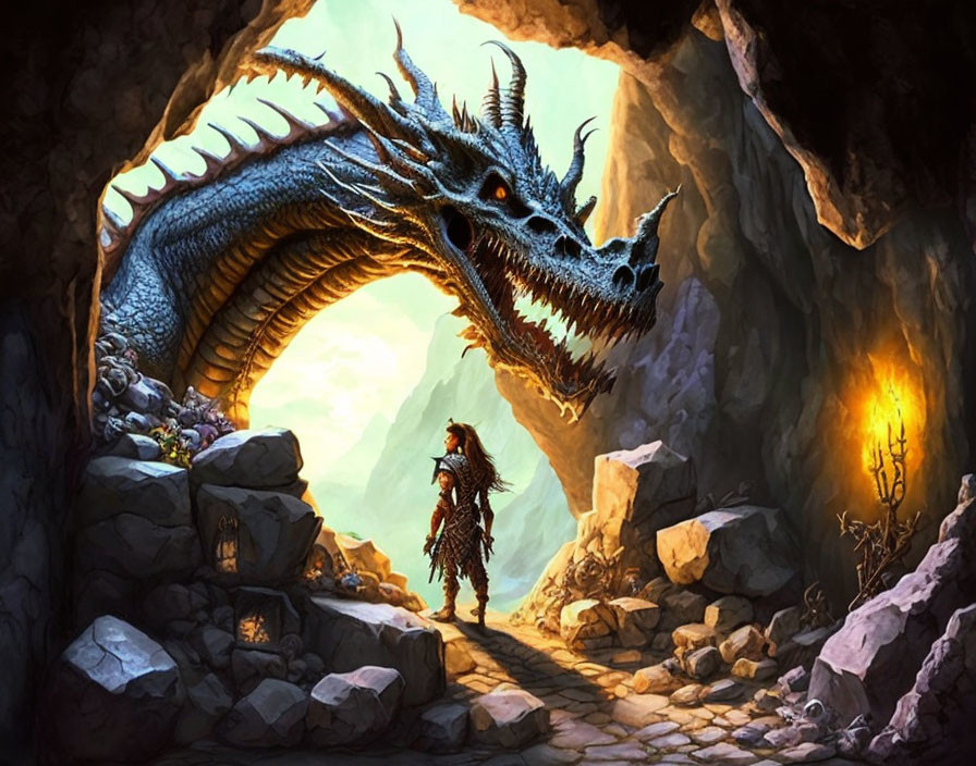 Armored warrior confronts multi-headed dragon in cavern with glowing torch