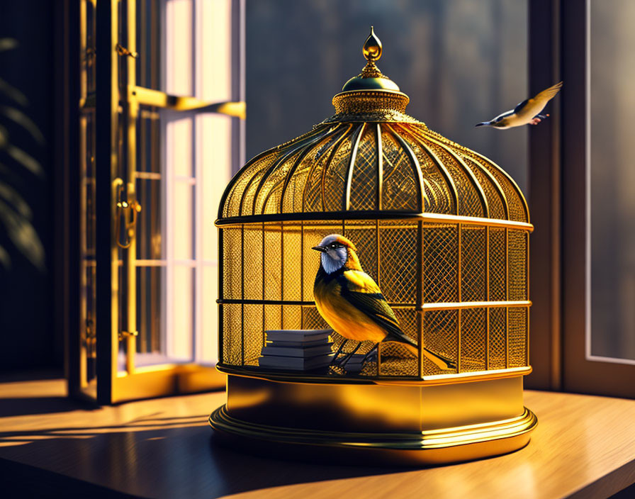 Colorful bird on golden cage with books, by window with flying bird.