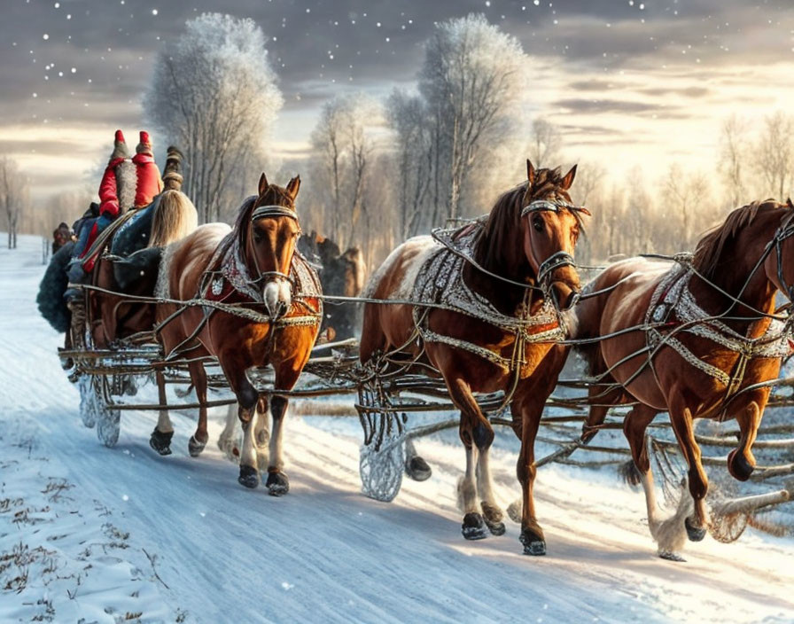 Snowy landscape with horse-drawn sleigh and sunlight glow