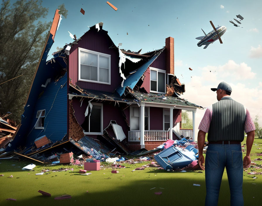 Man standing by split destroyed house with floating debris and crashing plane in background.