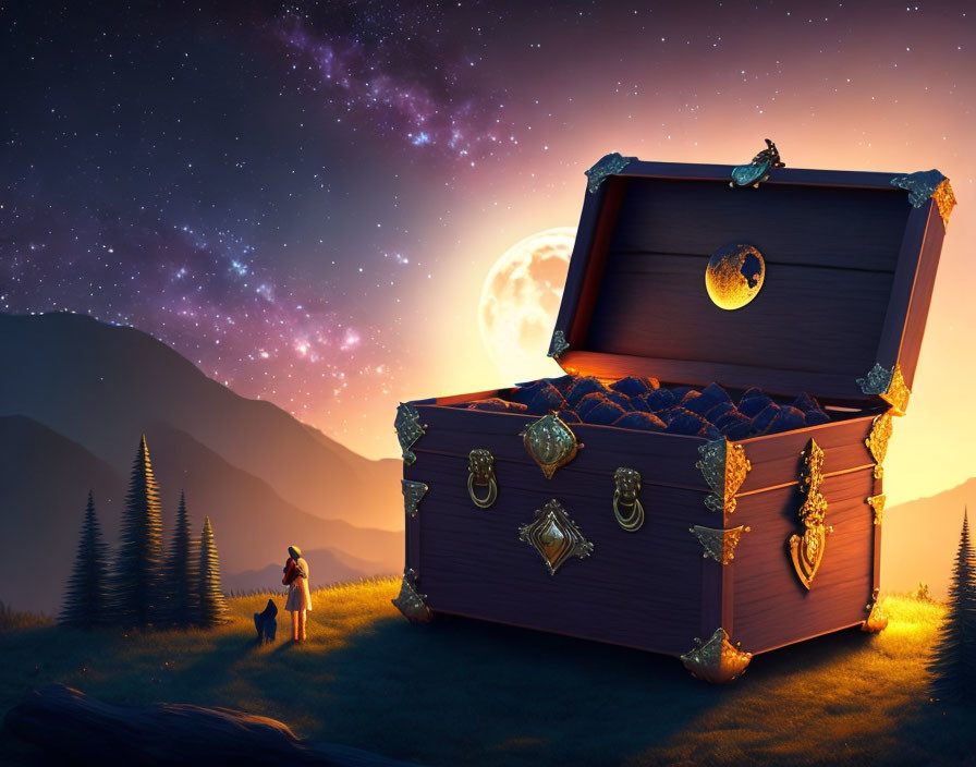 Mystical moonlit treasure chest with couple under starry sky