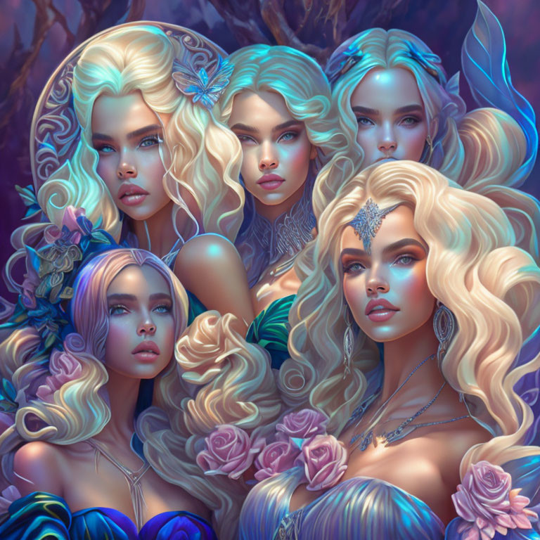 Five ethereal women with intricate hairstyles and floral adornments in a fantasy setting with a soft, purple