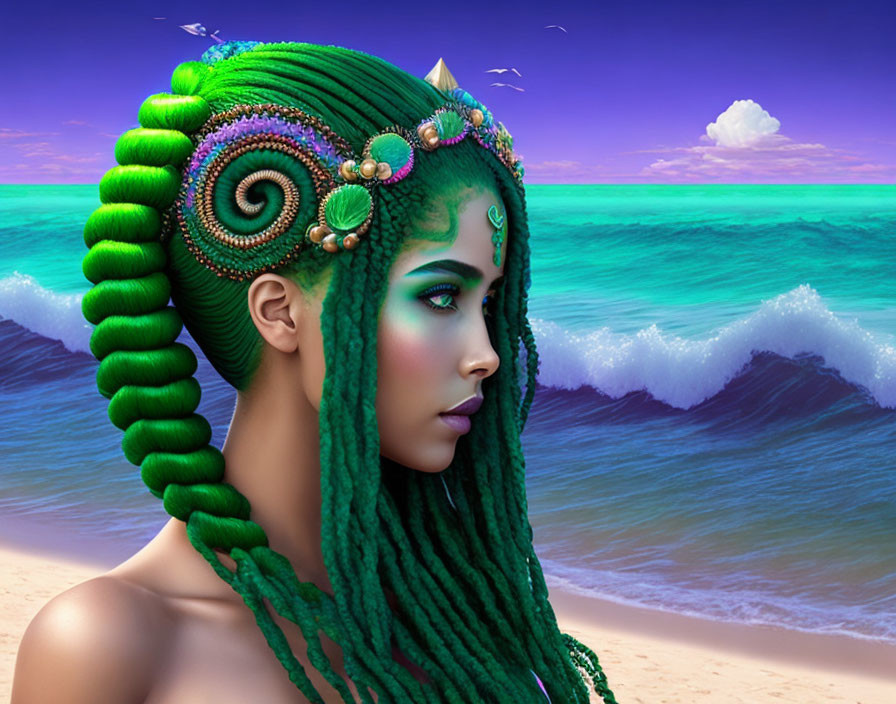 Woman with Green Spiral Braided Hair and Seashell Accessories on Beach