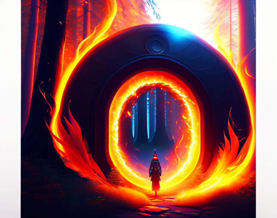 Mysterious figure in front of glowing forest portal