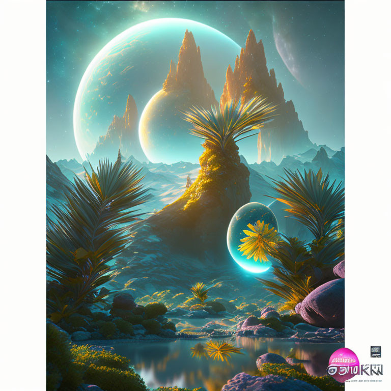 Fantastical landscape with towering rock formations and luminous plants