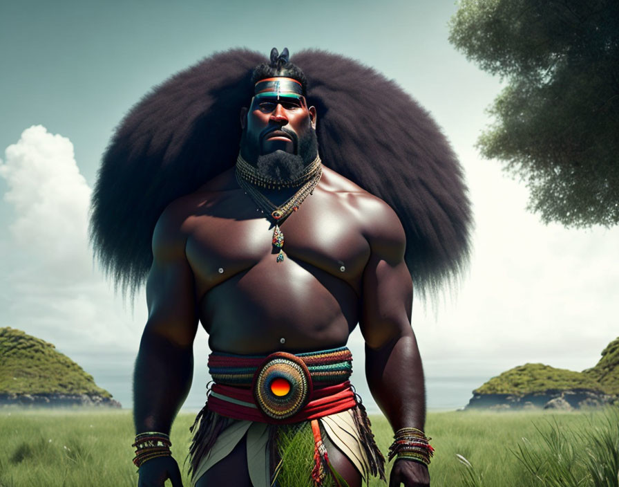 Muscular man with tribal attire in grassland setting