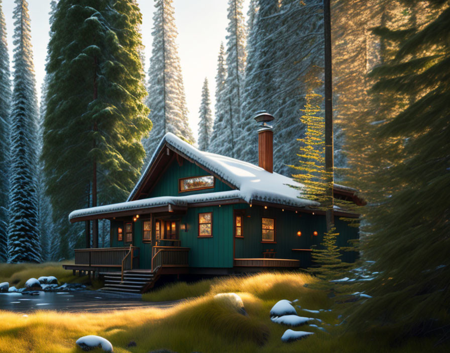 Snowy Cabin with Lit Chimney in Winter Dusk