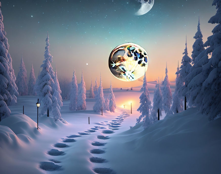 Snowy Night Scene: Footprints in Snowy Forest, Moon with Clock Elements