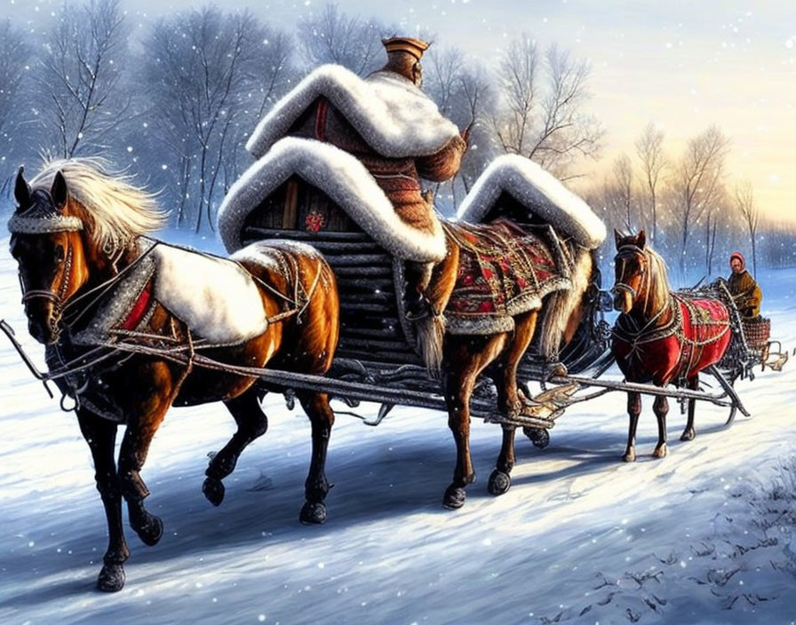 Festive horse-drawn sleigh in snowy landscape