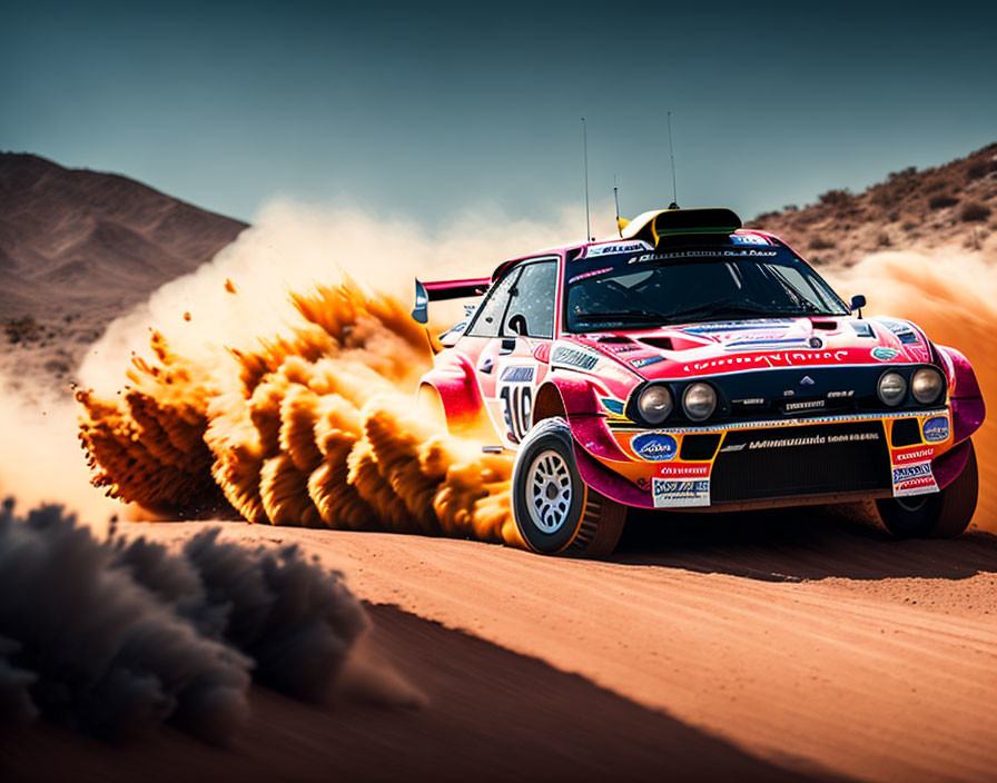 Rally car racing through desert kicks up massive dust trail