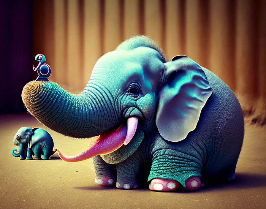 Colorful Baby Elephant Illustration with Exaggerated Features and Toy-Like Companion