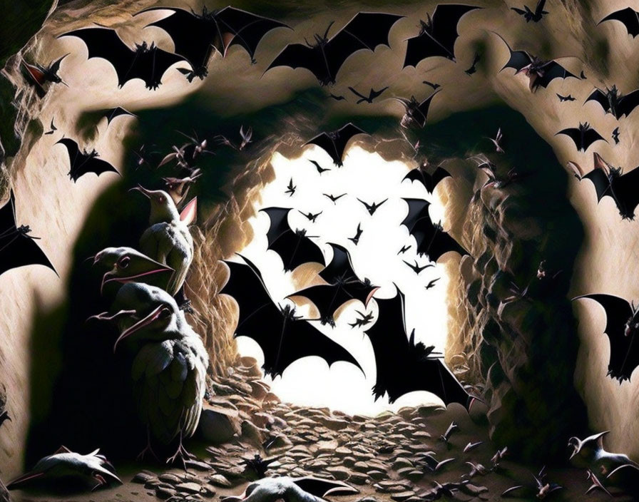 Group of bats in flight and perched inside dark cave entrance