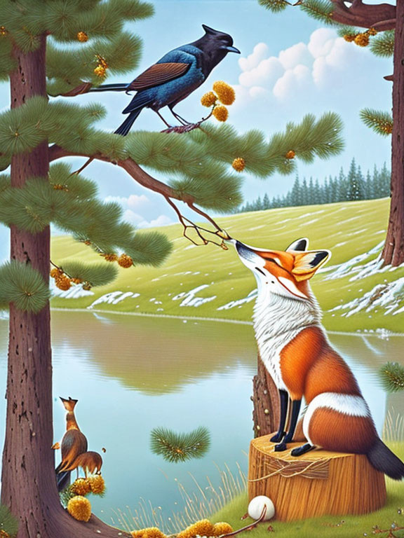 Whimsical painting of fox reaching for bird on tree branch