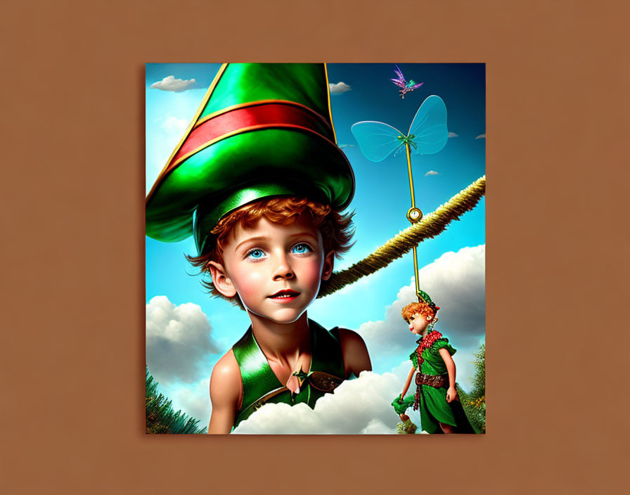 Child with tall striped hat and miniature self on shoulder in whimsical fantasy scene.